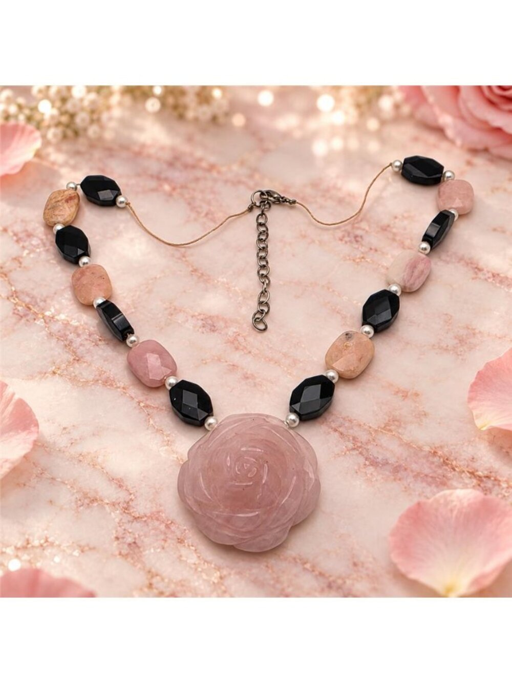 Rose Quartz Carved Rose Pendant Agate Black Glass Beaded Cord Necklace 19"